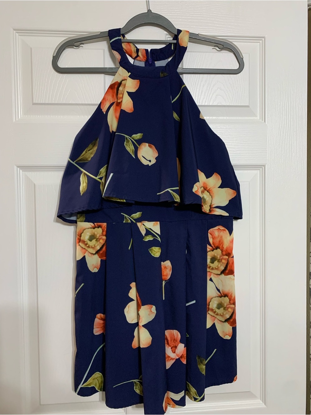 BeBop Navy Floral Halter Romper with Coral Blooms